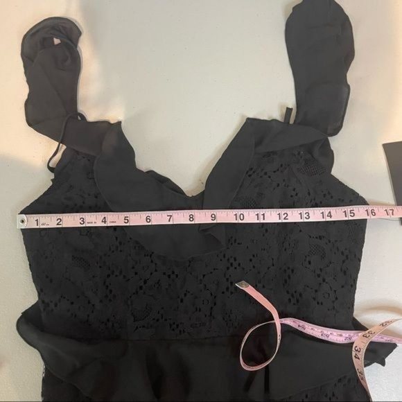 LULUS DANCE OF ROMANCE BLACK LACE COLD SHOULDER MIDI RUFFLE FLOUNCE FITTED DRESS - Picture 11 of 11